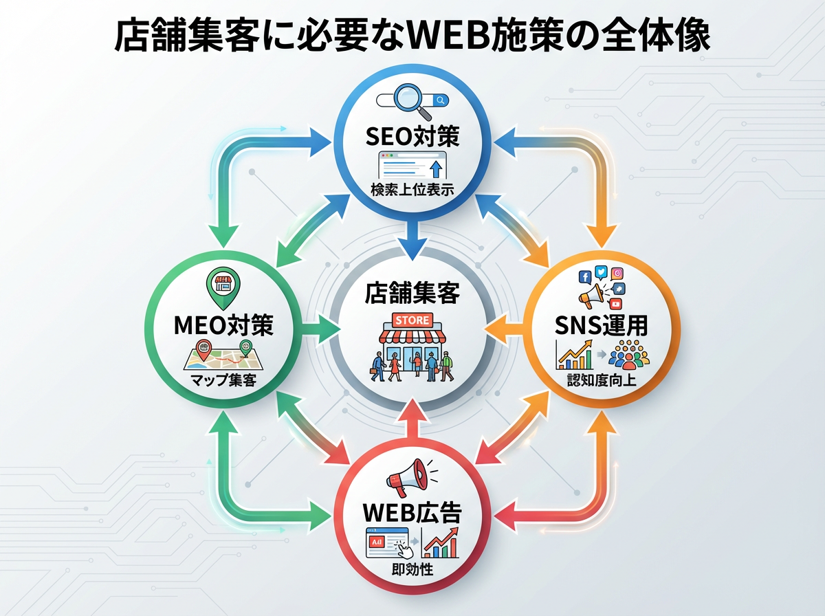店舗集客に必要なWEB施策の全体像:SEO・MEO・SNS・WEB広告の連携図