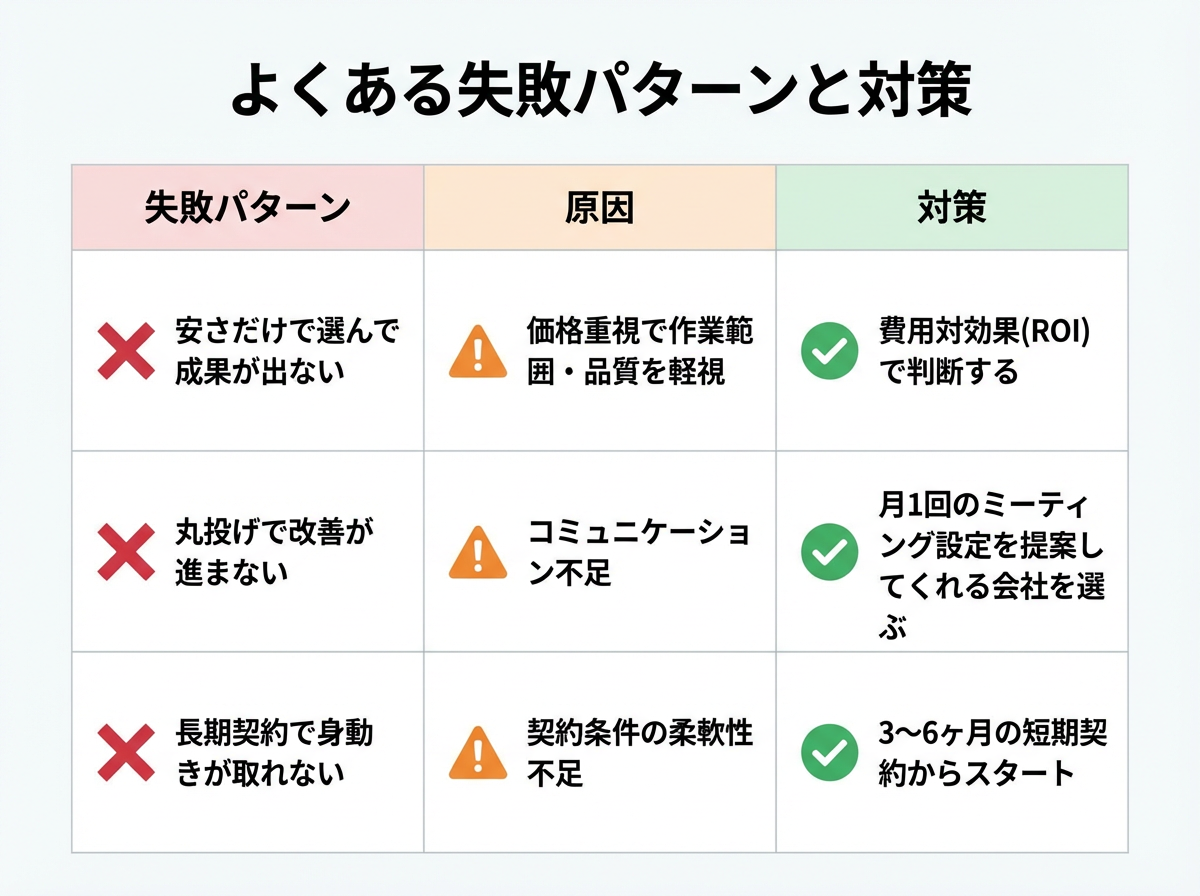 WEB集客代行でよくある失敗パターン3つとその対策方法の比較表