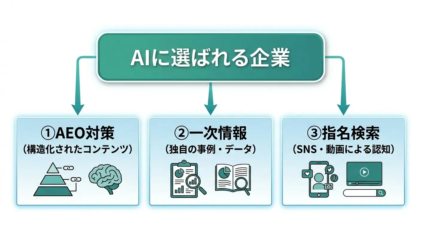 AIに選ばれる企業の3要素（AEO対策、一次情報、指名検索）の図解